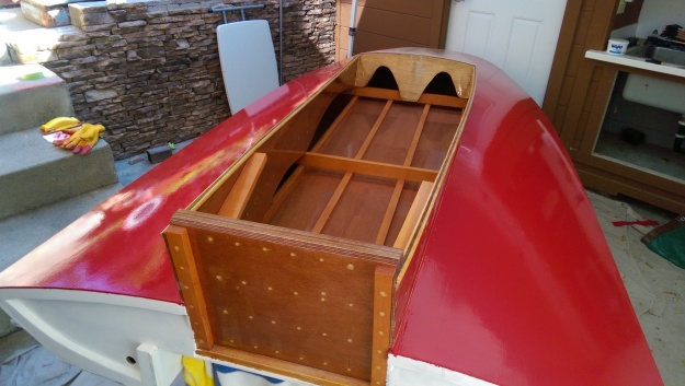 View from the rear. Transom will be white, with blue trim, and the motorboard will remain stained